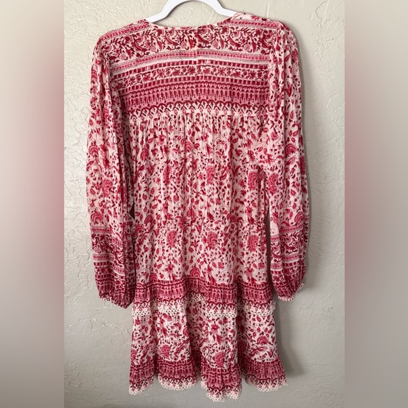 Alicia Bell Floral Beaded Tassel Tie VNeck Ruffle Ari Mini Dress Red Pink EUC - Picture 15 of 16